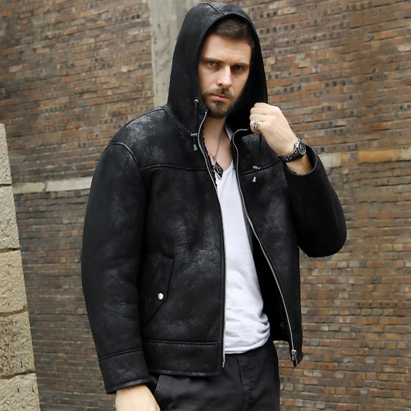 Denny&Dora New Mens B3 Shearling Jacket Black Leather Jacket Hooded Fur Coat Short Sheepskin Coat Mens Winter Coats