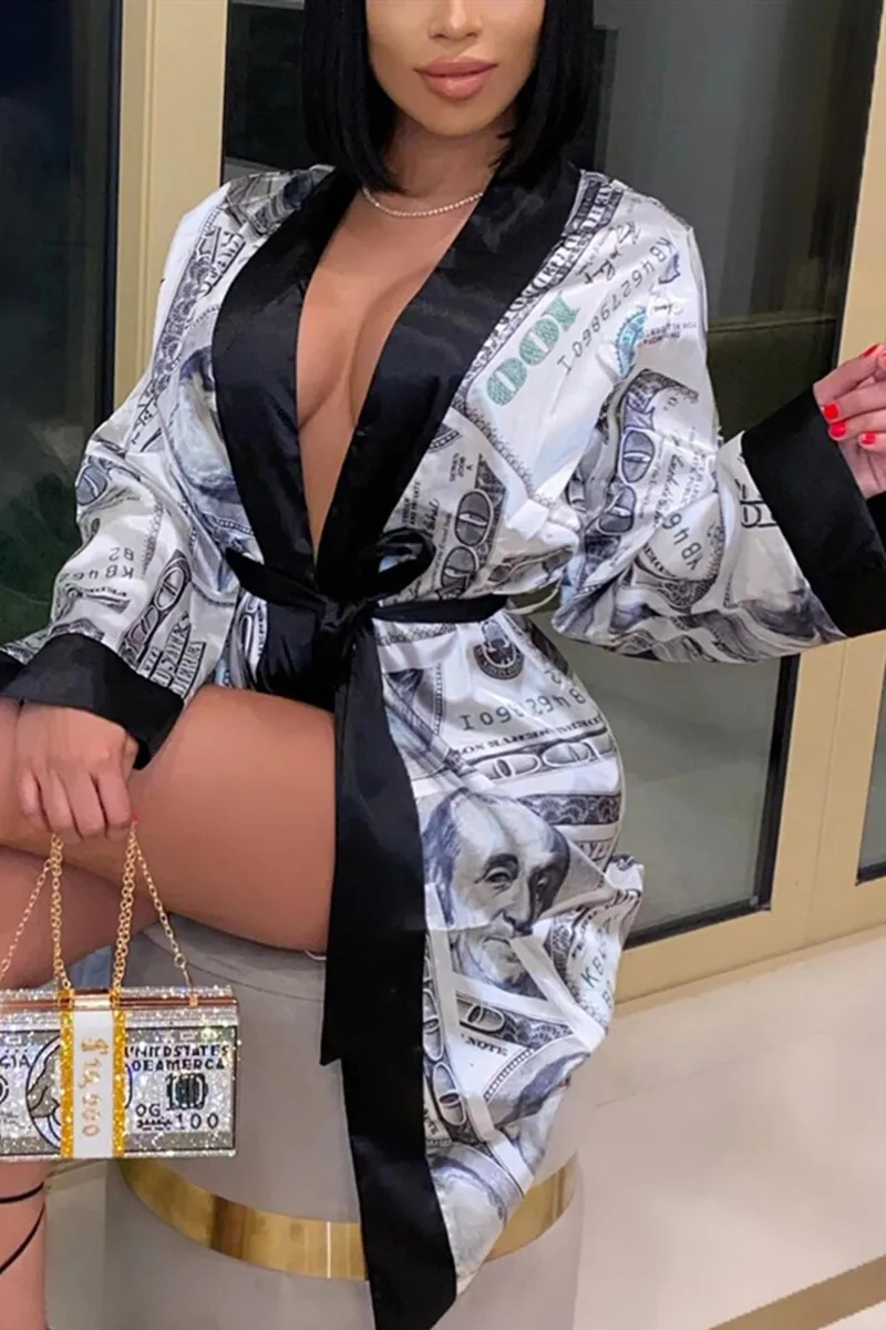 New Fashion Women Ladies Satin Silk Robes Trendy Dollar Print Long Sleeve Silky Kimono Bathrobe Sleepwear with Belt