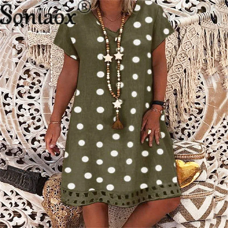 2021 Women Boho Dot Printed V-Neck Dress Ladies Summer Fashion Casual Loose Short Sleeve Dresses Pareos De Playa Mujer