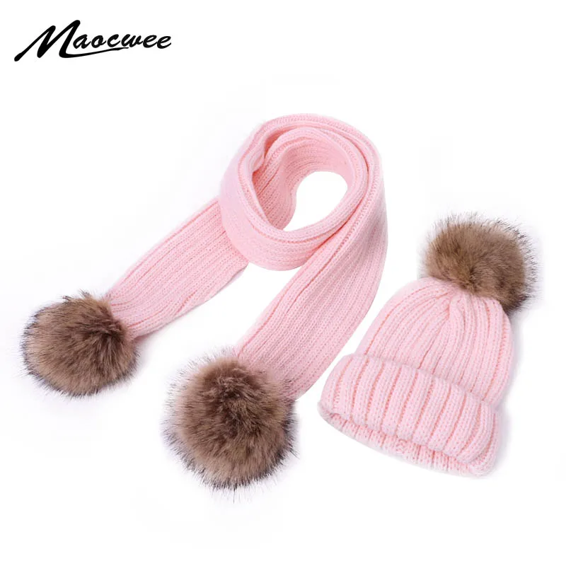 Two-piece Scarf Hat Set For Children Women Beanies Faux Fur PomPon Knitted Skullies Hats Autumn And Winter Warm Solid Color Caps