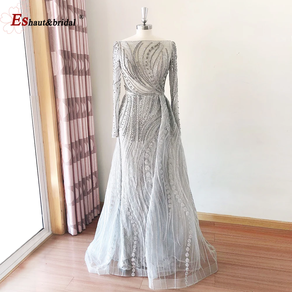 Dubai Silver Lace Evening Dresses 2024 Mermaid Boat Neck Crystal Handmade Long Sleeves Wedding Formal Prom Party Gown Customized