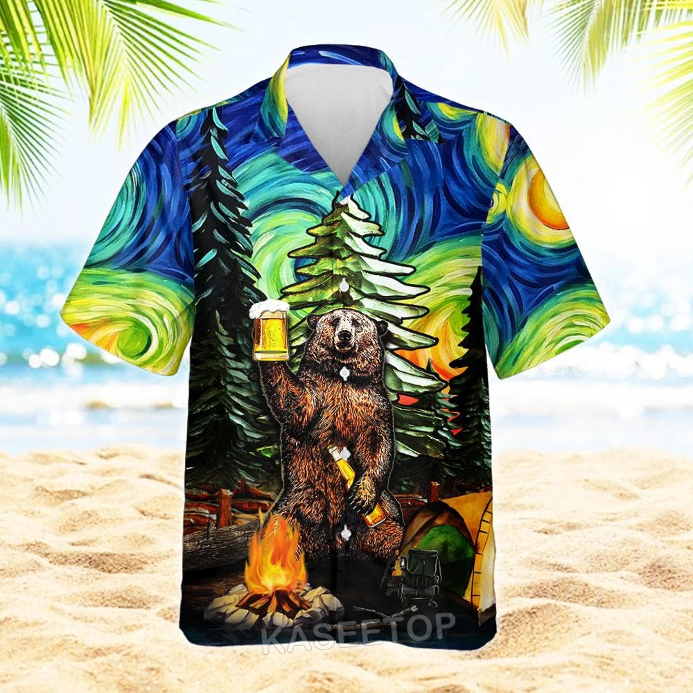 Fashion Men Beach CAMPING STARRY NIGHT Aloha 3D Print Hawaiian Shirt Casual T Shirt Button Wild Blouses Oversize Streetwear Top