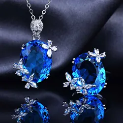 2pcs Charm Silver Color Jewelry Sets Blue Crystal Sapphires Imitation Butterfly Pendant Necklace Ring Women Fashion Party Gift