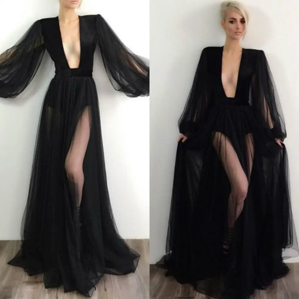 Sexy Black Bathrobe Women Long Sleeves Night Robe Sleepwear Deep V Neck Nightgown Robes Bridal Homedress