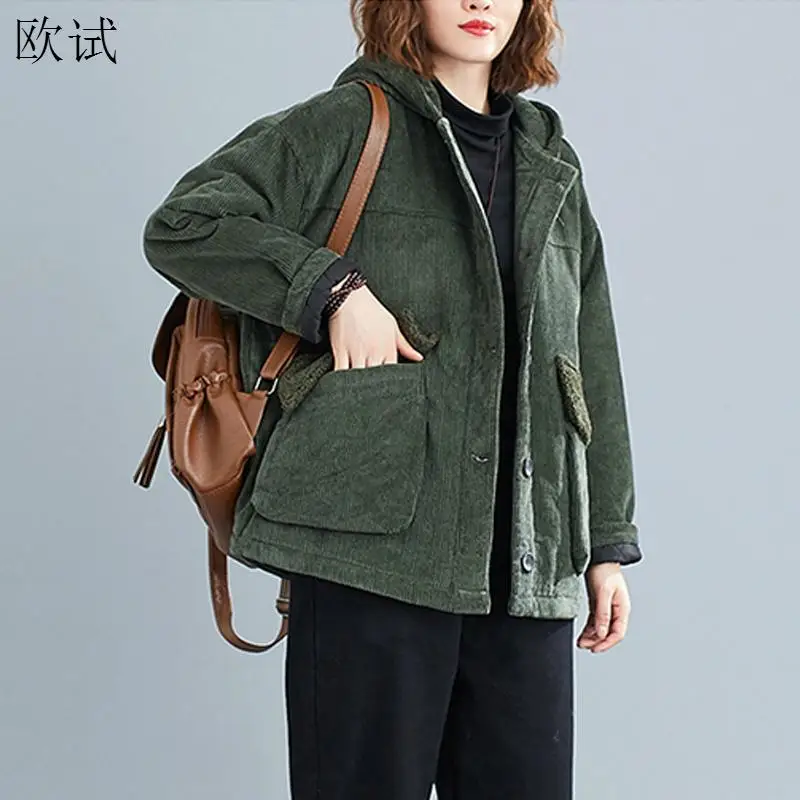 Oversized Corduroy Winter Jacket Coat Women Thicken Warm Woman Hooded Ladies Casual Loose Jackets and Coats