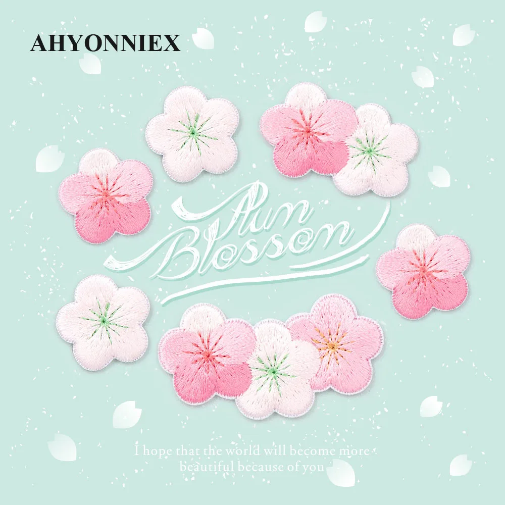 AHYONNIEX White Pink Plum Blossom Flower Embroidery Patches for Girls Bag Jeans Iron On Patches for Clothes