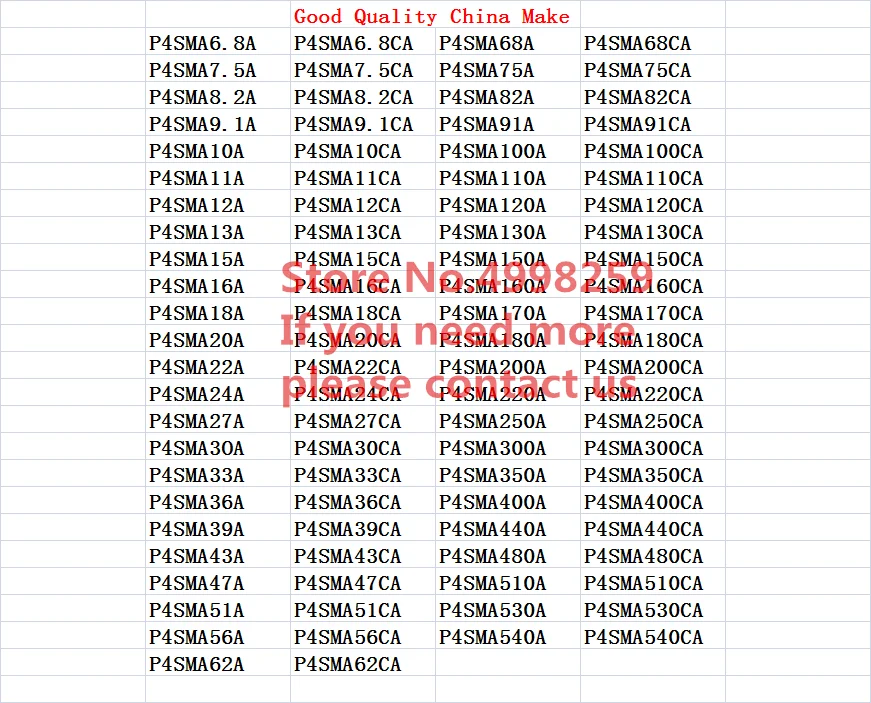 100 шт. P4SMA68A P4SMA68CA P4SMA75A P4SMA75CA P4SMA82A P4SMA82CA P4SMA91A P4SMA91CA P4SMA100A P4SMA100CA P4SMA110A P4SMA110CA