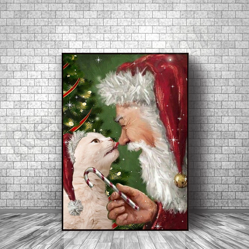 

Cat Licking Nose Santa Claus with Candy Poster, Santa Cat Poster, Cat Lover, Christmas Cat Wall Art, Merry Christmas Gift Decora