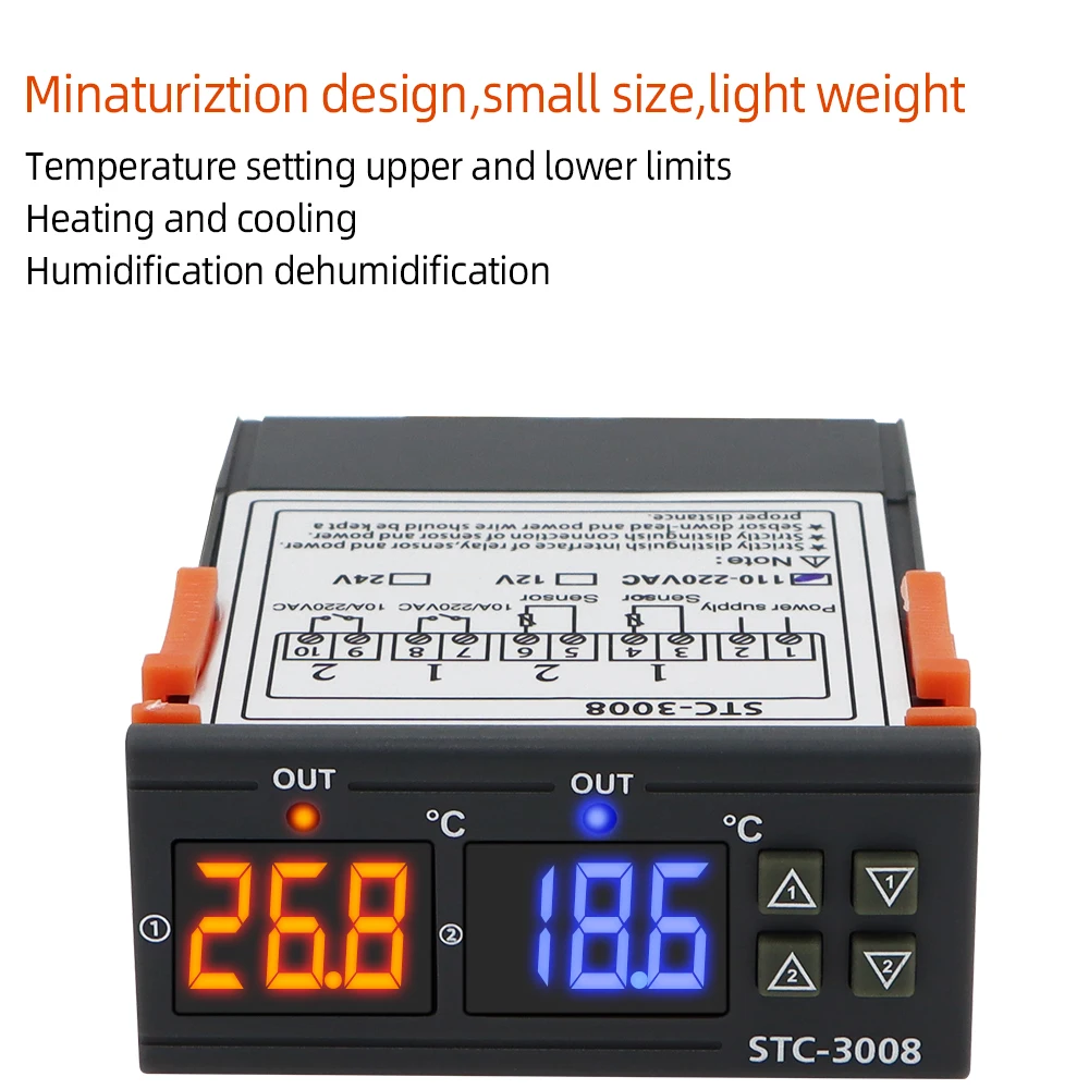 STC-3008 Digital Temperature Controller AC 110V 220V DC 12V 24V Dual Hygrometer Heating Cooling Two Relay Output AC Relay