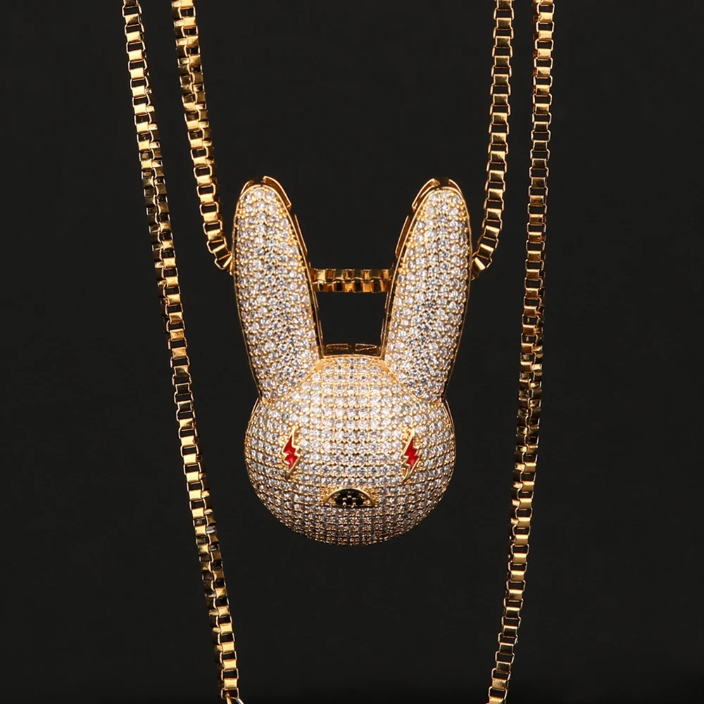 D&Z New Bad Bunny Pendant Necklace Iced Out AAA Cubic Zirconia Bling Men\'s Women Hip hop Rock Jewelry