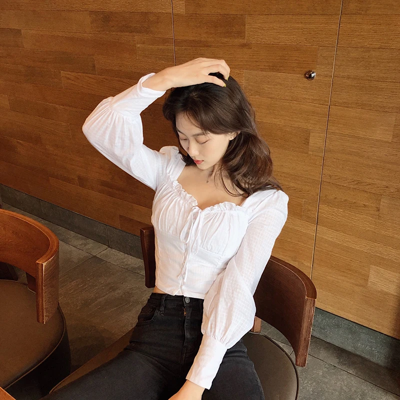 Blouses Women Square Collar Long Sleeve Casual Korean Style Solid Simple Chic Fashion Leisure Womens Streetwear All-match Trendy