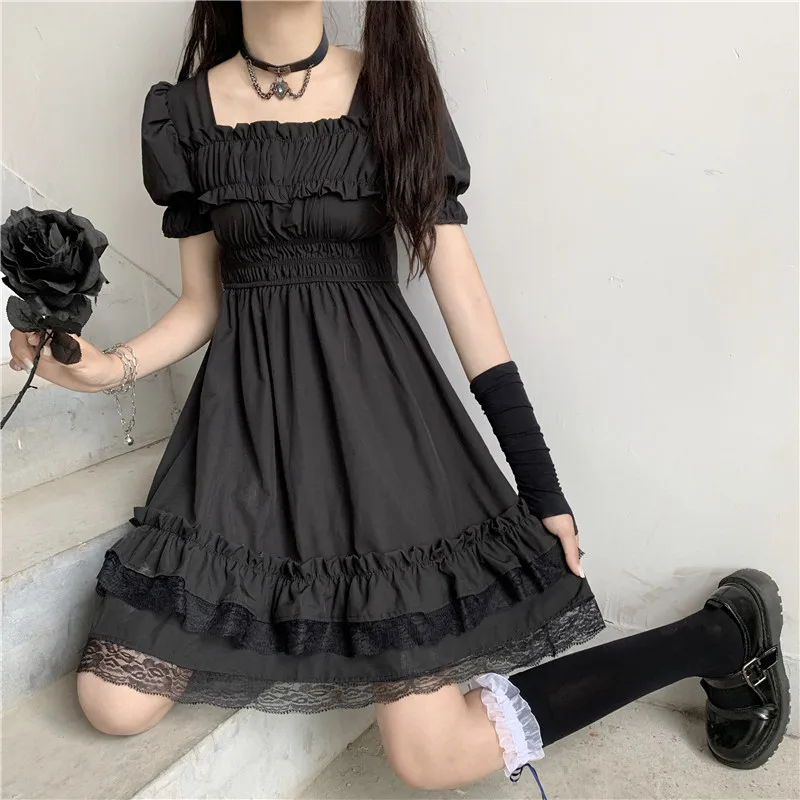 Japanischen Frauen Viktorianischen Gothic Platz Kragen Spitze Rüschen Schwarz Lolita Kleid Sommer Mädchen Steampunk Puff Sleeve Mini Kleider