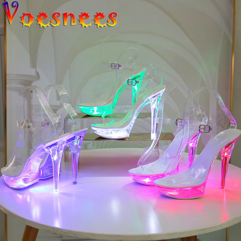 Voesnees Light Glowing Shoes Woman Luminous Clear Sandals Women Platform Shoes LED High Heel Transparent Strippers Heels Shoes