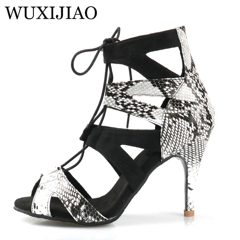 WUXIJIAO Professional Ballroom Dance Shoes Ladys Halloween Skull Salsa Dance Shoes Denim Doodle 9cm Heeled Women Latin Dance