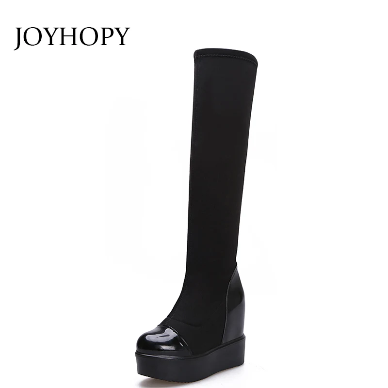 2019 Streth Fabric Knee High Platform Boots Women Warm Thick Bottom Snow Shoes Female Elastic Height Increasing Long Boots WB069