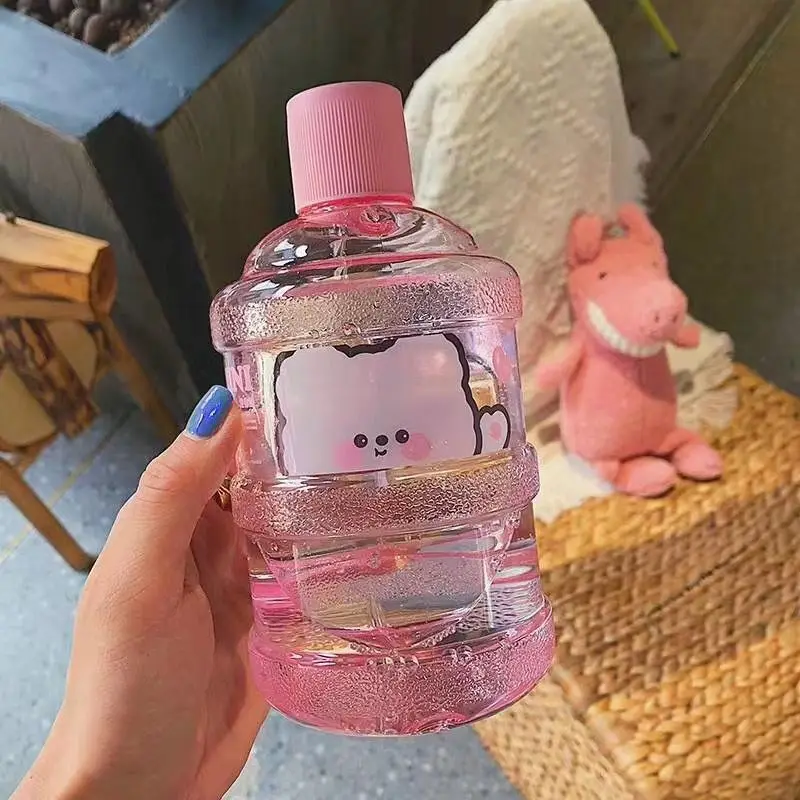 Bear Cute Mini Bucket Creative Water Bottle Portable Sport Bottles with Straw Camping Cycling Travel Plastic Juice Drink Ware