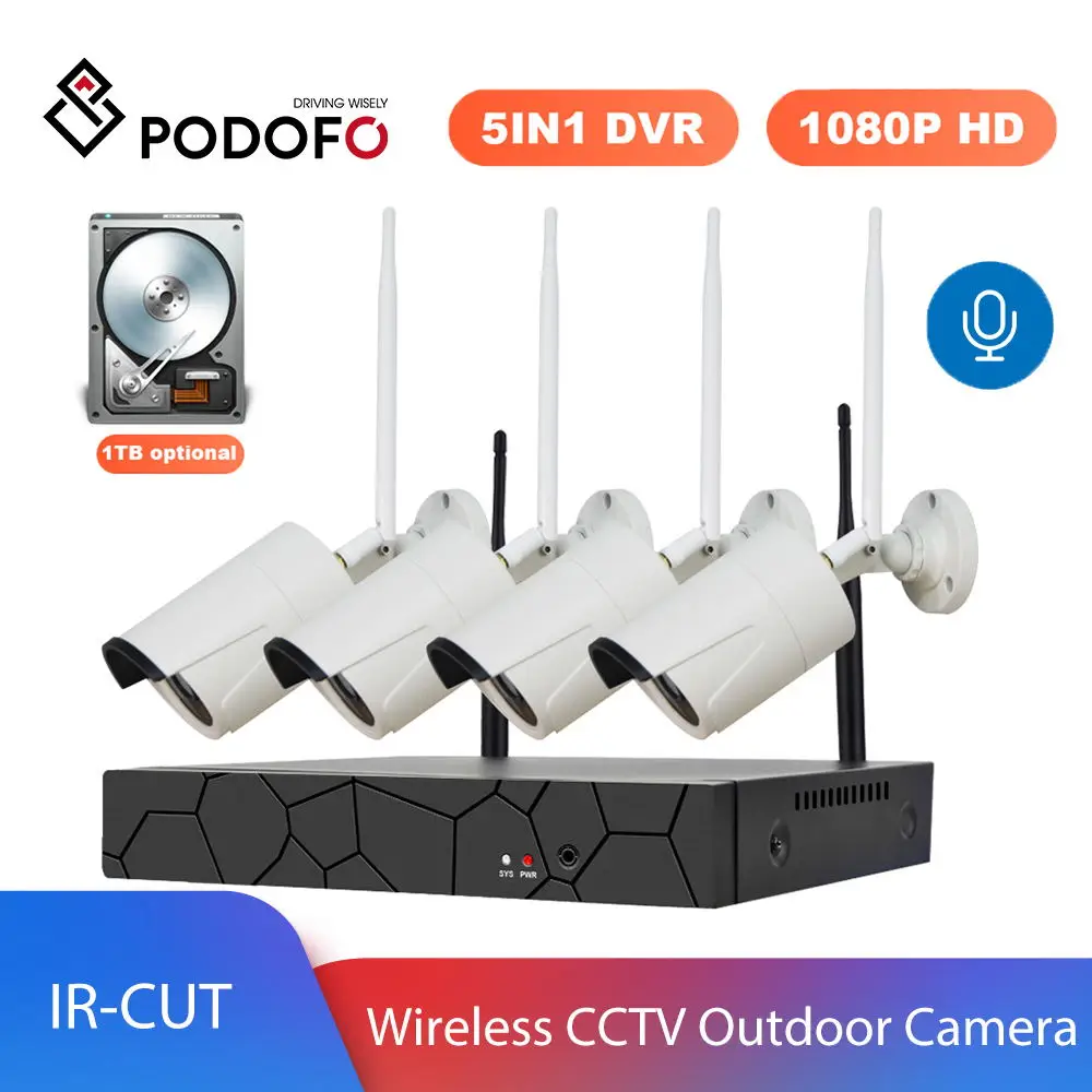 Podofo 4CH 1080P 1TB 4 Pcs 2MP NVR Wifi IR-CUT Wireless CCTV System Outdoor Camera IP Security System Video Surveillance Kit