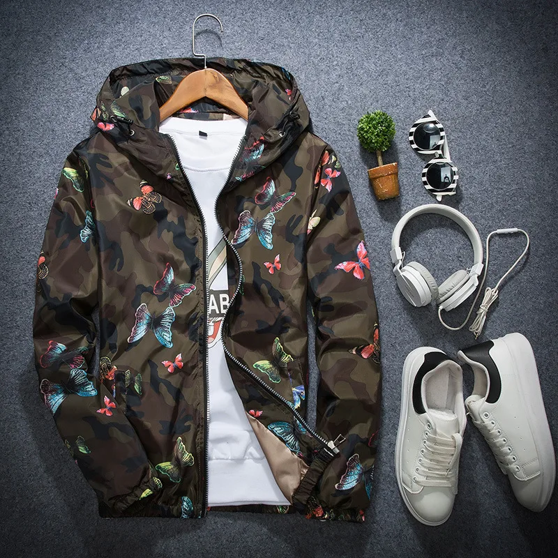 

High Quality Men Spring Autumn Jackets Coats Male Casual Camouflage Butterfly Print Clothes Zipper Hoodie Jacket Windbreaker