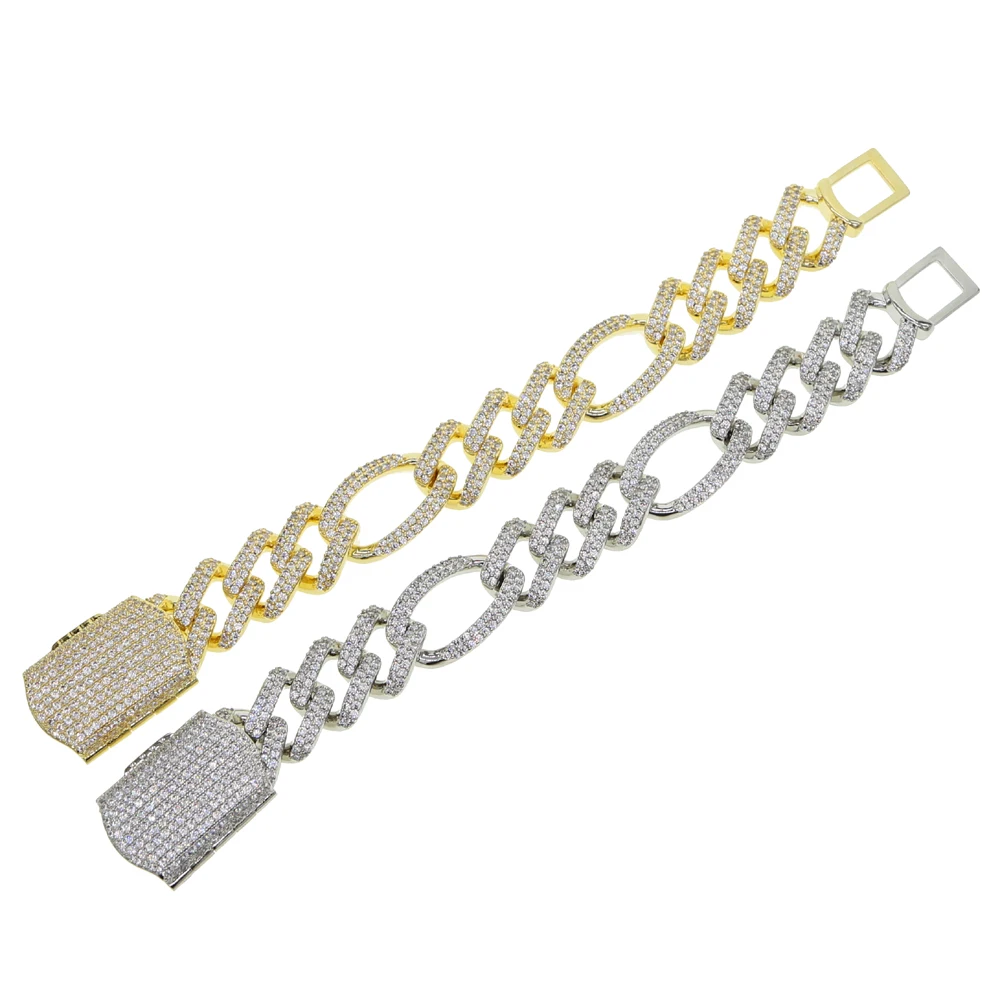 New 19mm Iced Out Prong Miami Cuban China CZ Cubic Zirconia Figaro Chain Men Hip Hop Jewelry