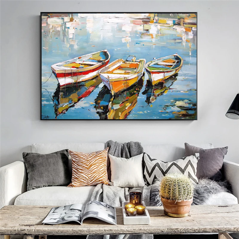 3 Boats Oil Canvas Painting Sea Landscape Posters and Prints Wall Art Picture for Living Room Home Decor Cuadros