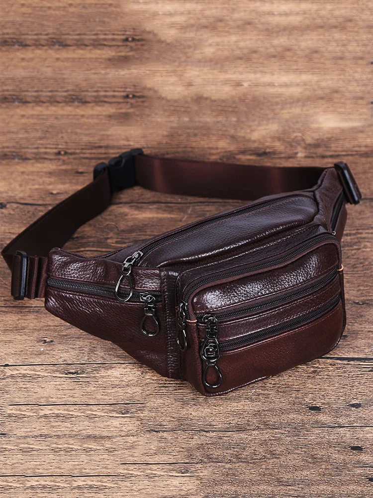 JCHENSJ Genuine Leather Waist Bag For Man 7 Zipper Pocket Panny Pack Casual Large Capacity Male\'s Waist Pack Solid Chast Bags