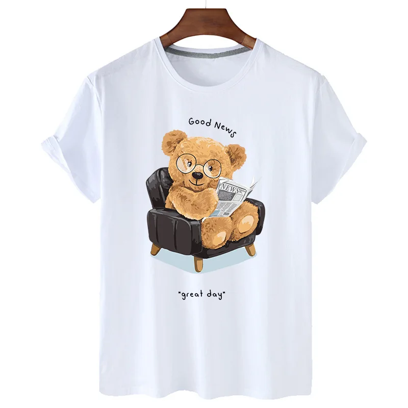 100% Cotton Reading Newspaper Bear Print Short-sleeved O-neck Loose T-shirt Blouse Plus Size T-shirt Men's And Women's Tops 4XL
