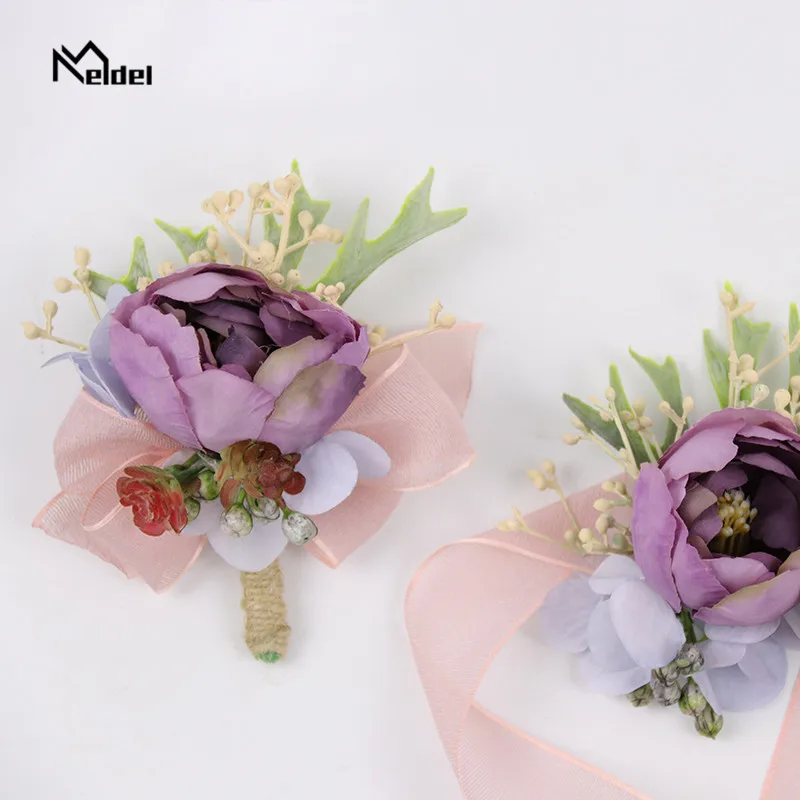 แต่งงาน Boutonniere และนาฬิกาข้อมือดอกไม้สำหรับเจ้าสาวเจ้าบ่าว Boutonniere สำหรับ Mariage พรหมสีม่วง Rose นาฬิกาข้อมือสตรีมือดอกไม้