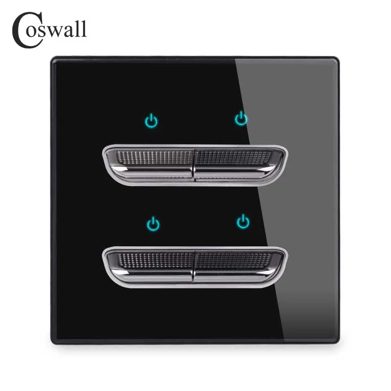 COSWALL 1/2/3/4 Gang 1/2 Way Toggle On / Off Wall Light Switch Blue Backlight Data CAT6 HDMI USB Charging Glass Panel Black