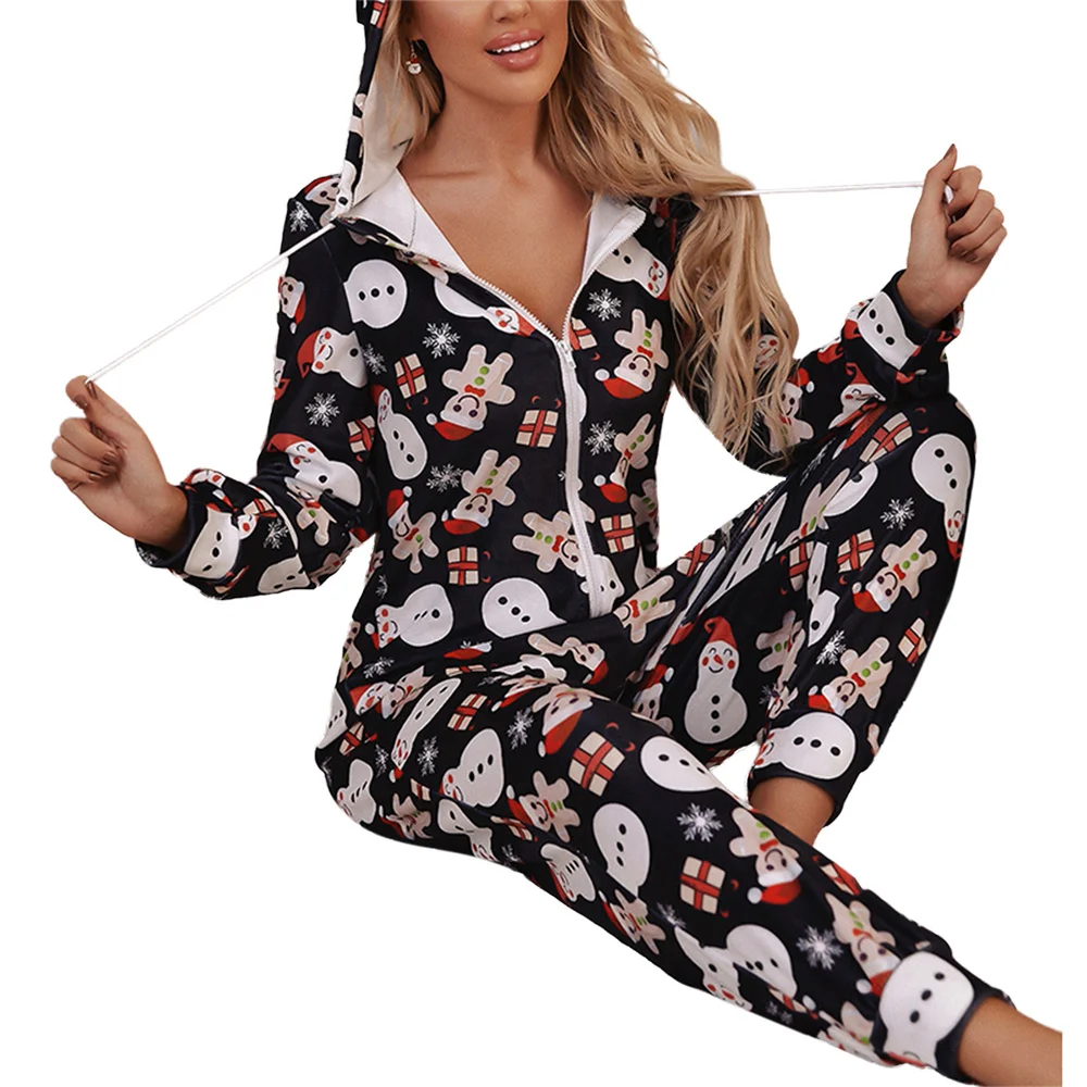 Women\'s Christmas Hooded Jumpsuit Thin Long Sleeve Zip Up V Neck Cartoon Print Pajamas Homewear Fashion Female Rompers Overalls