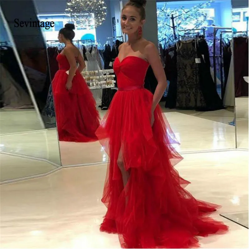 Sevintage Rot Tiered Tüll Abendkleid Slit Vorne Schatz Elegante Lange Formale Abendkleider Celebrity Kleider Robe De Soiree