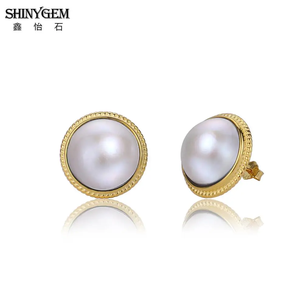 

ShinyGem Dainty 13-14mm Big Natural Mabe Pearl Earrings Classic Freshwater White/Blue Elegant Stud Charm For Women