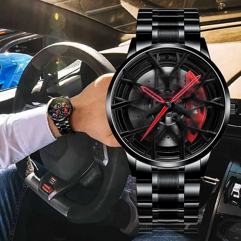 NEKTOM New Fashion Luxury Business Men's Watches Luminous Real 3D Model Spinning Car Wheel Hub Watch For Men Relogio Masculino