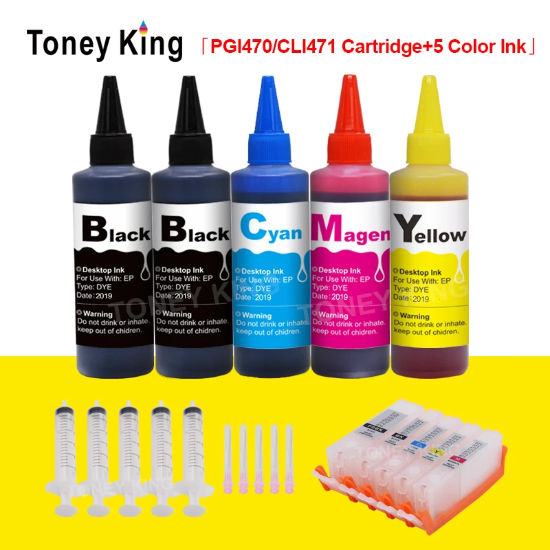 Toney King PGI-470 CLI-471 Refillable Ink Cartridge + 5 Bottle Dye Ink for Canon PIXMA MG5740 MG6840 MG7740 TS5040 Printers