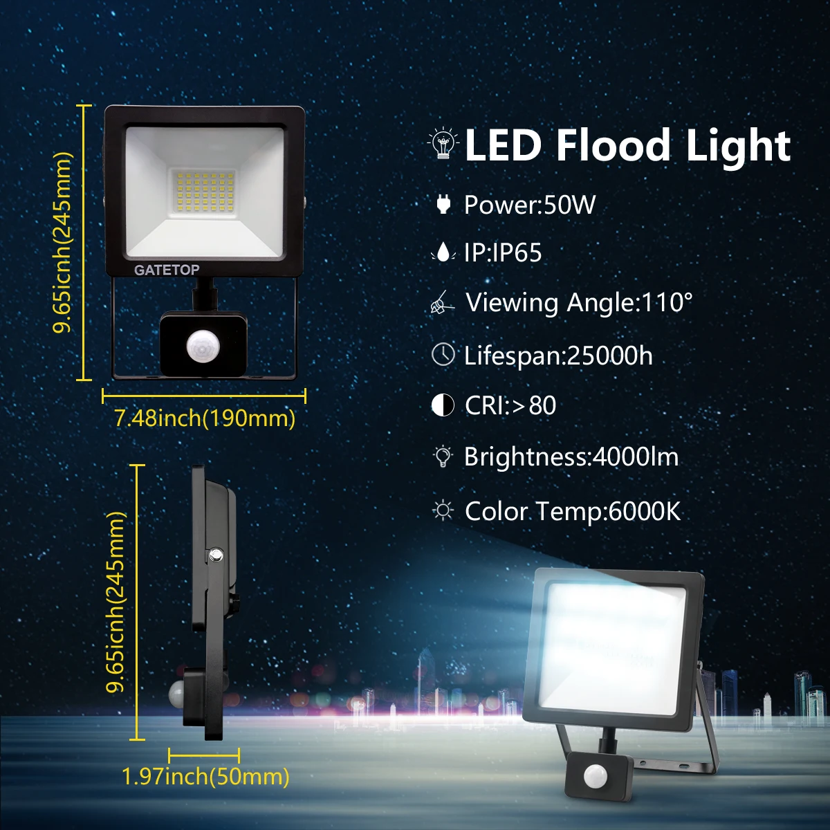 50w! Led Motion Sensor Floodlight Induction Style Ip65 Cold White Light 6000k Human Body Induction Water Proof Lamp