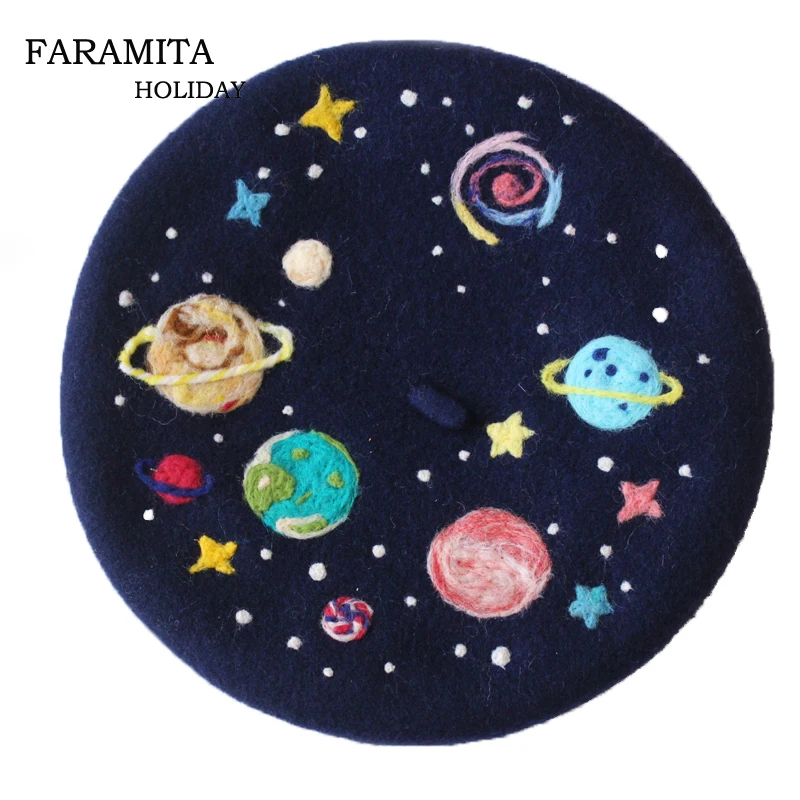 

Faramita Holiday Painter Hat Women Kids Girls Boys French Berets Colorful Planet Parents-child Beret Winter Handmade Manual Hats