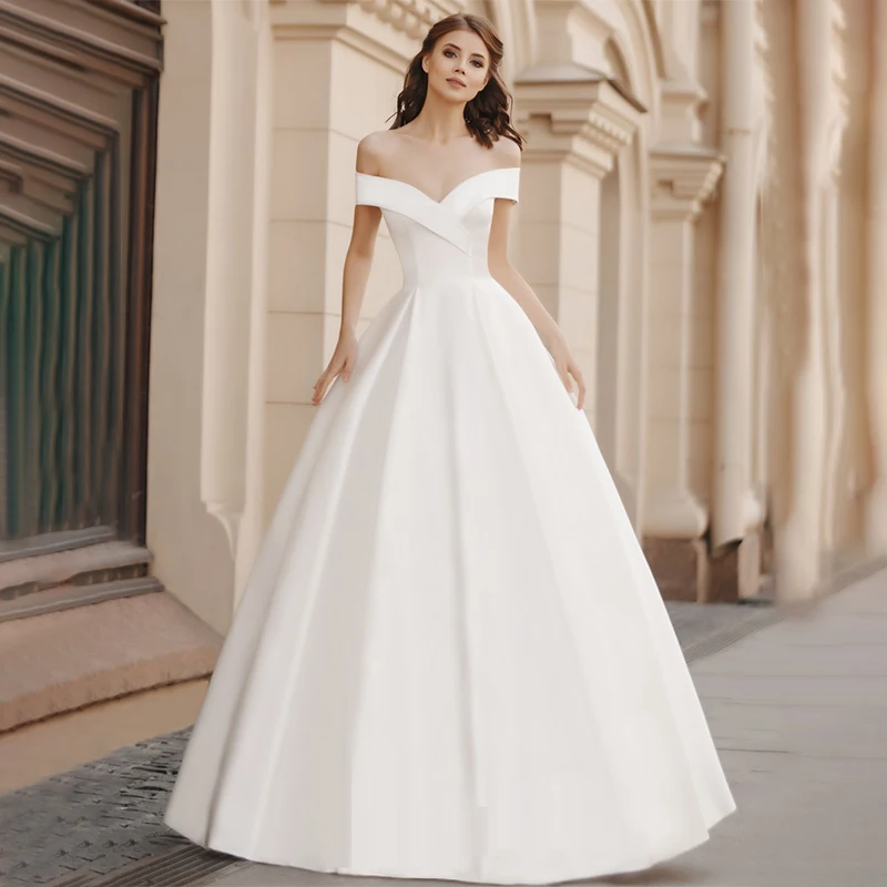 

Fashion V-Neck Satin A-Line Wedding Dresses Off the Shoulder Court Train Simple Bride Vintage Bridal Gowns Custom made