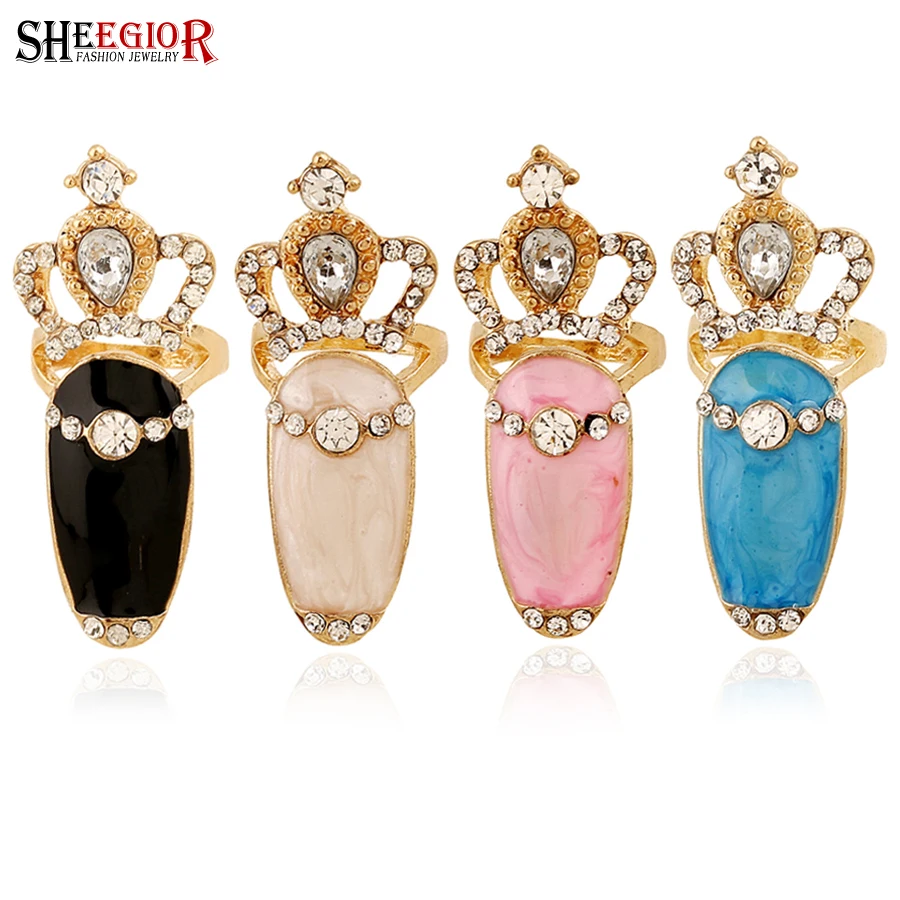 Crystal Crown Nail Rings for Women Accessories Red/White/Black/Blue color Enamel Fingernail Ring Fashion Ornaments Friendly Gift