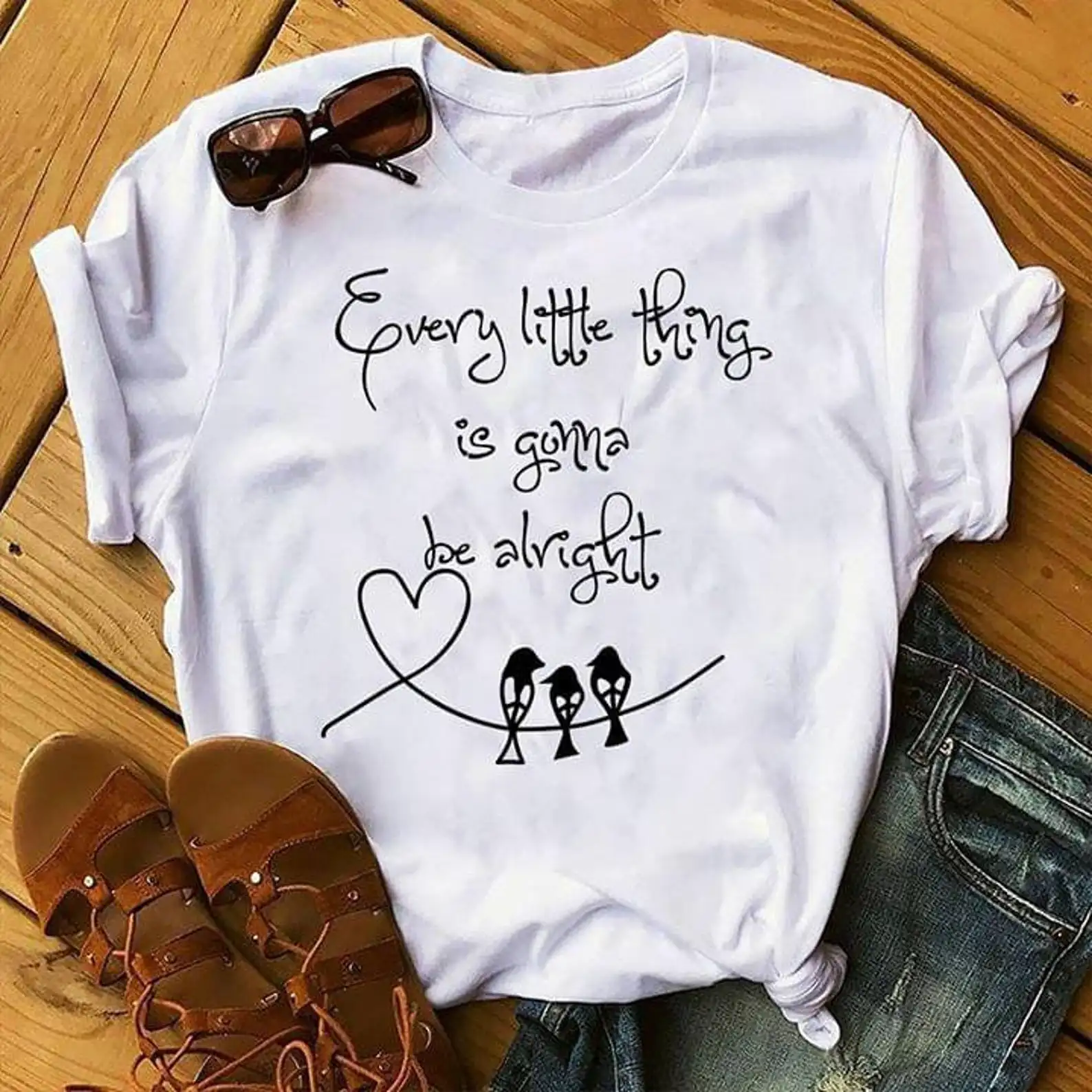 Harajuku Top Every Litte Thing Is Gonna Be Alright Casual Ladies Basic O-collar Short Sleeved Women T-shirt Girl,Drop Ship