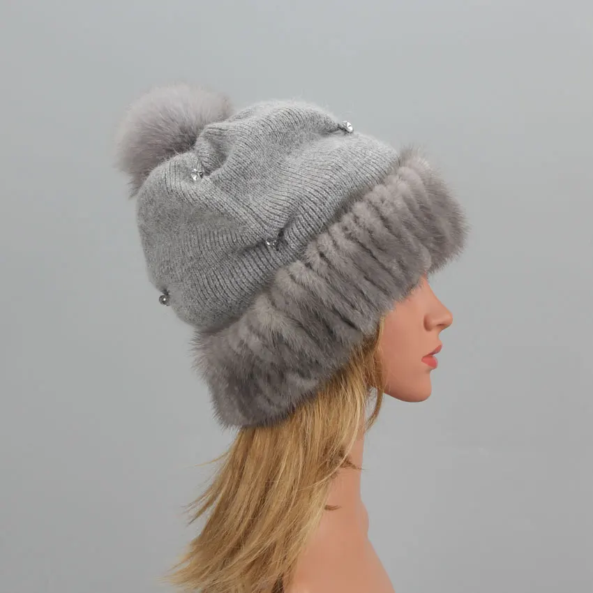 Fashion Knitted Ladies Real Mink Fur Beanies Cap Winter Women's