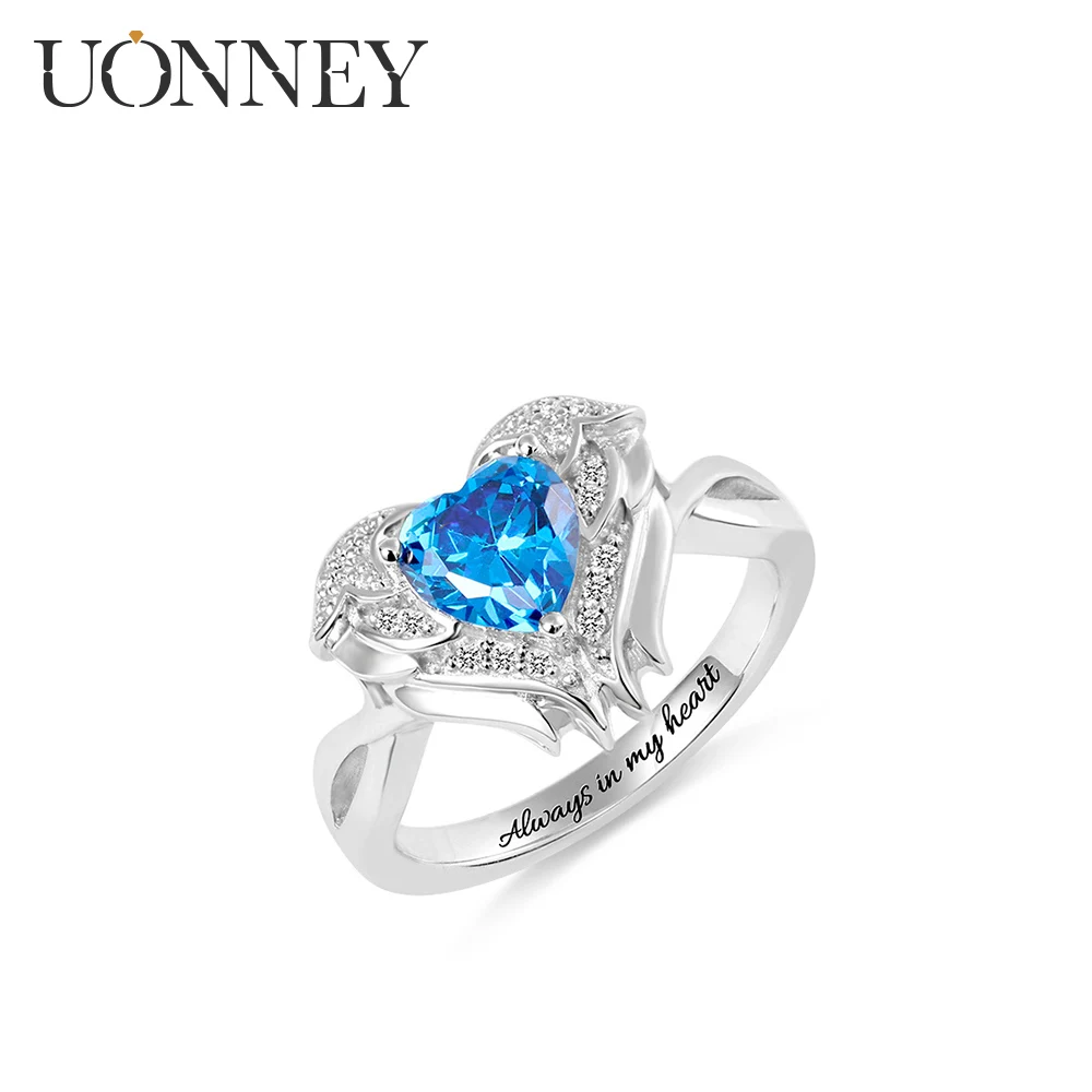 

UONNEY Dropshipping Personalized Wedding Angel Wings Memorial Jewelry Engraving Silver Heart Birthstone Rings 2021 for Couple