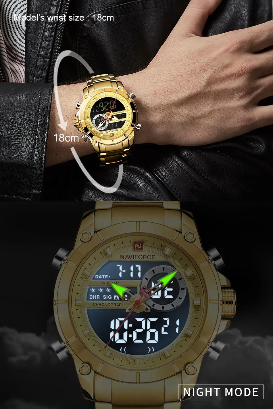 NAVIFORCE 9163 Luxus Original Sport Armbanduhr Für Männer Quarz Stahl Wasserdicht Dual Display Militär Uhren Relogio Masculino – Detail 5