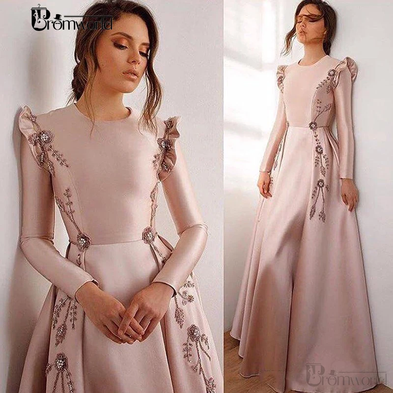 Nude Pink Long Sleeves Fold Bead Evening Dresses Pleats Appliques Prom Gown Vestidos De Fiesta De Noche Elegant Formal Dress