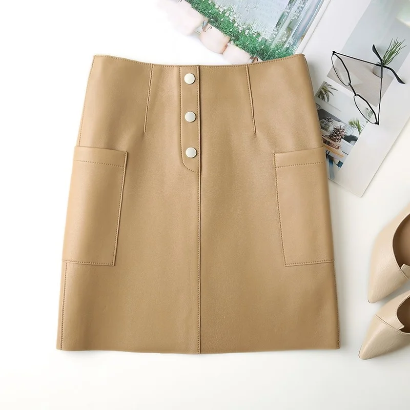 Quality High Sexy Ladies Natural Sheepskin Mini Skirt Women Buttons High Waist A Line Wrap Skirts Slim Fit Genuine Leather Skirt