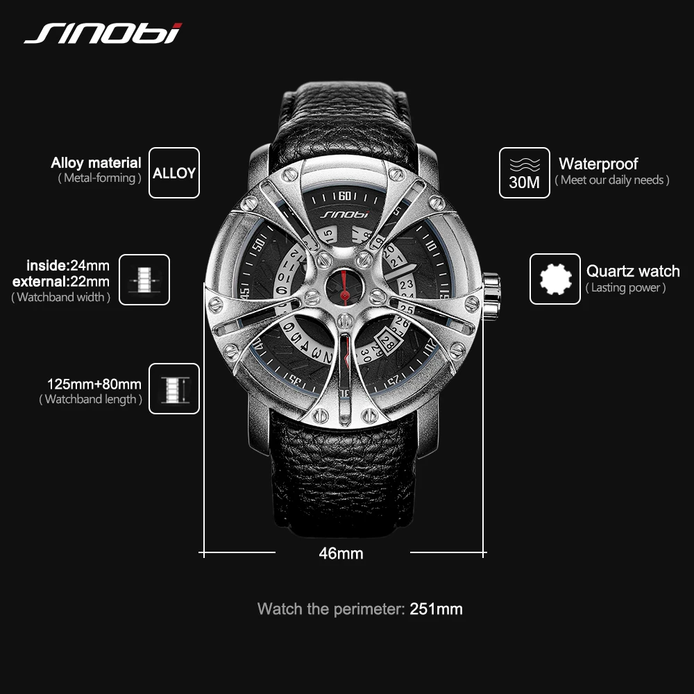 SINOBI Creative Men\'s Watches Calender Stainless Steel Men\'s Sports Watch Waterproof Fashion Racing Clock Men Quartz Wristwatch