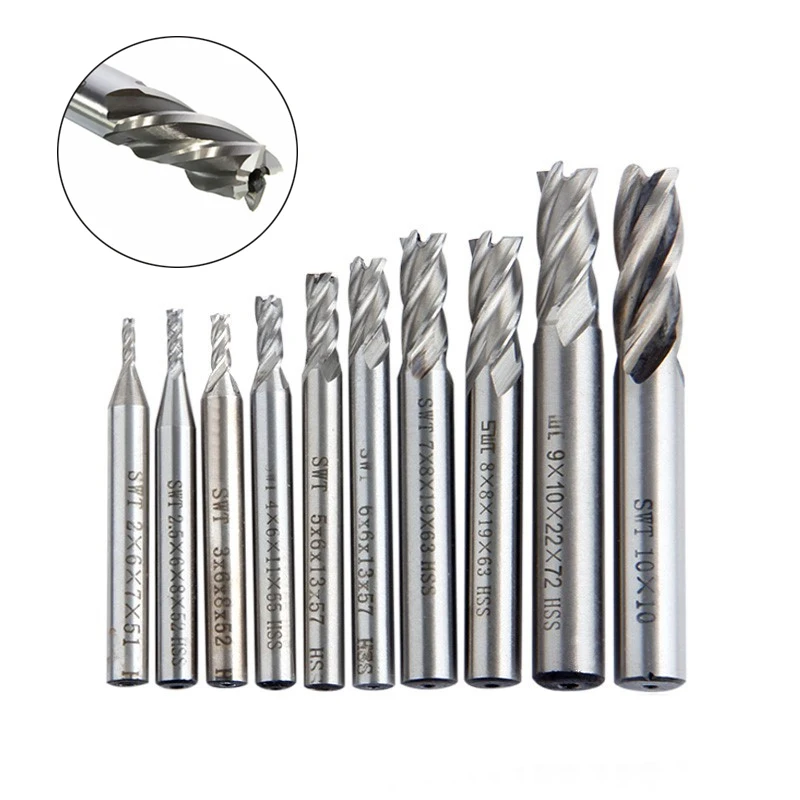 10PCS HSS 1.5 2 2.5 3 3.5 4 5 5.5 6 7 8 9 10 12mm Milling Cutter Bit Set CNC Straight Shank 4 Flute Mill Metal Cutter CNC Tools