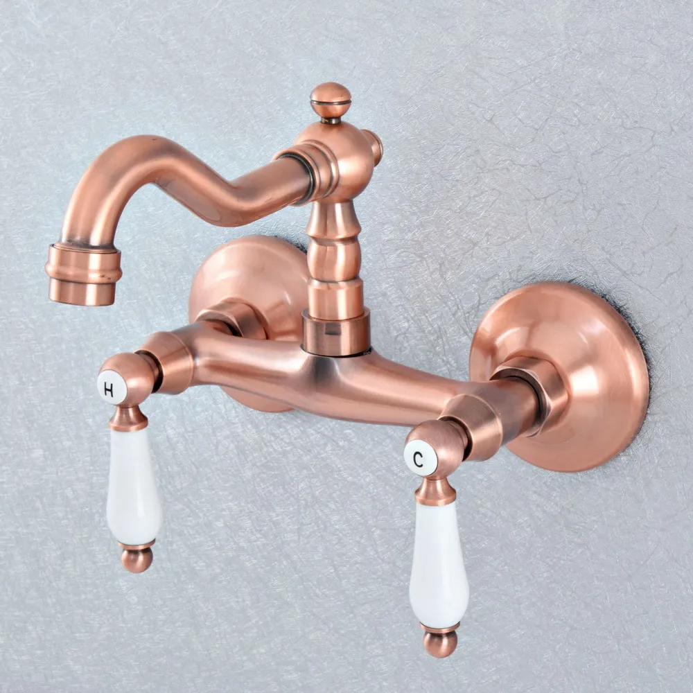 Antique Red Copper Brass Wall Mounted Kitchen Wet Bar Bathroom Sink Faucet Swivel Spout Mixer Tap Dual Ceramic Handles asf899