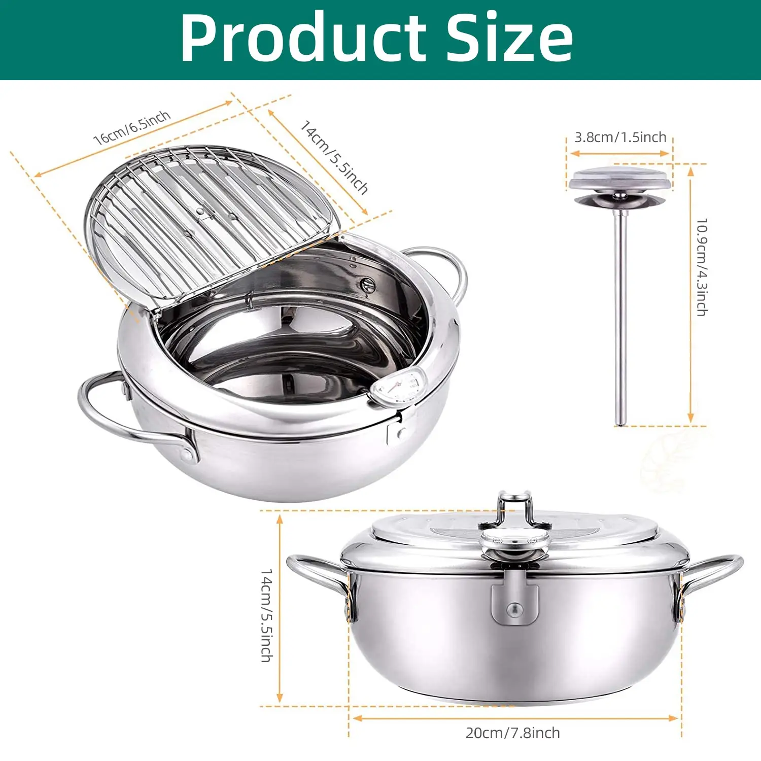 Deep Frying Pot with Thermometer&Lid for Kitchen Stainless Steel Pans Japanese Tempura Fryer Pan Fried Chicken Pot Cooking Tool