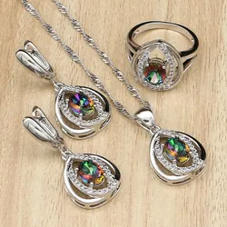 925 Gioielli in argento Mystic Arcobaleno Fuoco Pietre Bianco CZ Set di Gioielli Per Le Donne Collana di Cerimonia Nuziale/Orecchini/Pendente/anello 3PCS