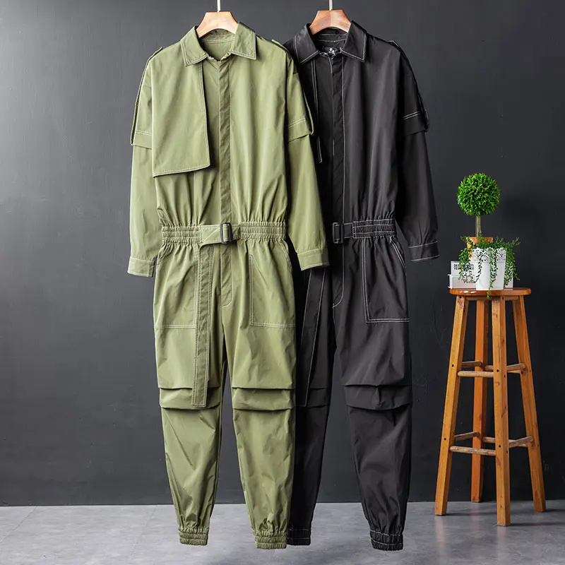 Spring Overalls Men Jumpsuit Lapel Long Sleeve Elastic Waist Beam Feet Streetwear Fashion Clothing Cargo Pants Black Trousers