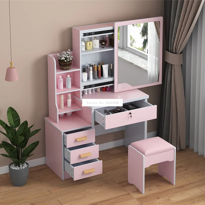 C918/C501 Simple Modern Dresser Household Bedroom Dressing Table Density Board Makeup T able With Mirror Drawer Lock Stool
